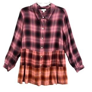 J. Jill Shirt XL Pink Purple Plaid Tiered Tunic Blouse Cotton Modal Long Sleeve
